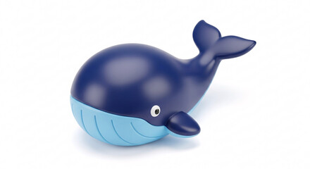 Cute blue plastic whale toy with a stylized rounded body and cartoonish features.