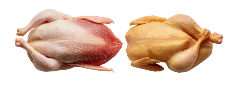Two whole raw chickens, one light and one darker in color, lie flat on a black background