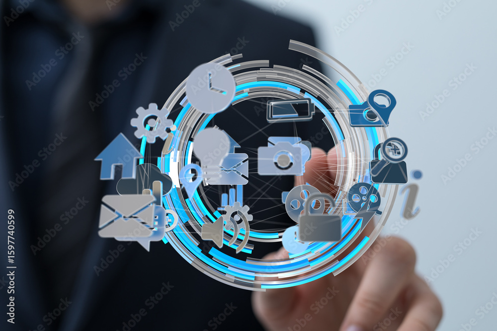Poster man interacts with a digital interface showing interconnected apps and data. technology concept.