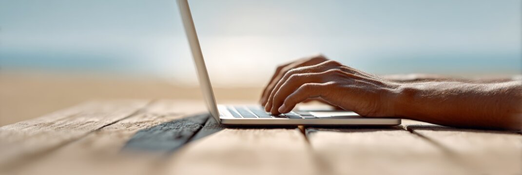 Freelance professional working on laptop near ocean, wireless connectivity enabling location independent career during tropical beachside session