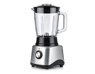 Modern silver countertop blender with clear measurement-marked plastic jar, black accents, and round dial control, standing upright on white isolated background
