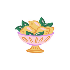 Bright hand-drawn illustration of yellow lemons with green leaves in a decorative pink bowl on white background, perfect for food and summer designs. Vector illustration for poster, sticker