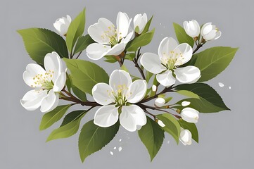Fototapeta premium White Apple Blossoms And Green Leaves On A Gray Background