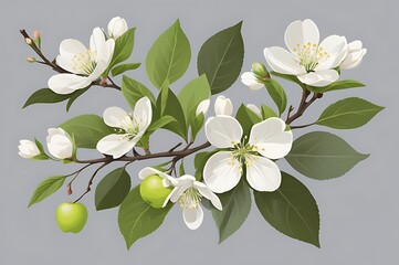 Obraz premium White Apple Blossoms And Green Leaves On A Gray Background