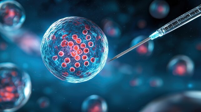 Embroidered ball with syringe and needle at center containing red fluid and floating cells on blue background, symbolizing stem cell research and medical treatment concept