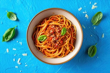 Delicious Spaghetti with Tomato Sauce and Basil Leaves