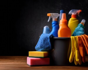 Cleaning supplies, sponges, gloves, spray bottle on a wooden table against a dark background. Clean house work concept