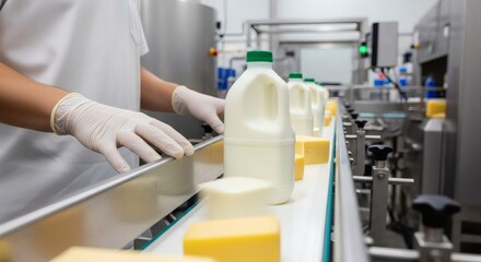 Dairy Production: Worker Inspecting Milk Bottles and Cheese Blocks on Conveyor Belt
