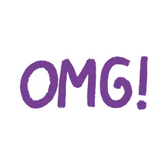 A bold purple text reading OMG! stands out on a plain background, capturing an emotion of shock or excitement. The lettering has a playful, casual style, enhancing its impact.