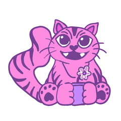 This playful pink cat character features oversized eyes and a charming grin, sitting contentedly while holding a flower pot. The artwork showcases vibrant colors and a fun style.