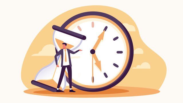 A man in a suit standing next to a large clock and an hourglass on a yellow background design