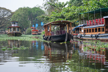 Wooden tour boat in lush green landscape