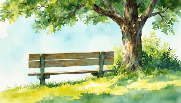 Watercolor painting of park scene with wooden bench under large tree. Rich green foliage, soft sunlight create serene, tranquil atmosphere. Art captures peaceful summer day with vibrant natural