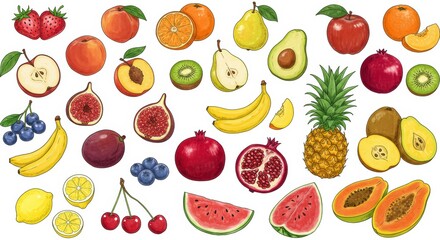 Collection of hand-drawn vibrant fruit illustrations.