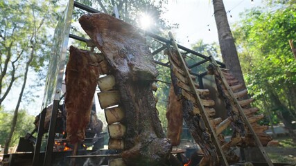 Large meat cuts including costillar, asado de tira, ribs and vacío hang vertically on iron frames, slowly roasting over embers during a traditional Argentine asado in a forest clearing under sunlight.