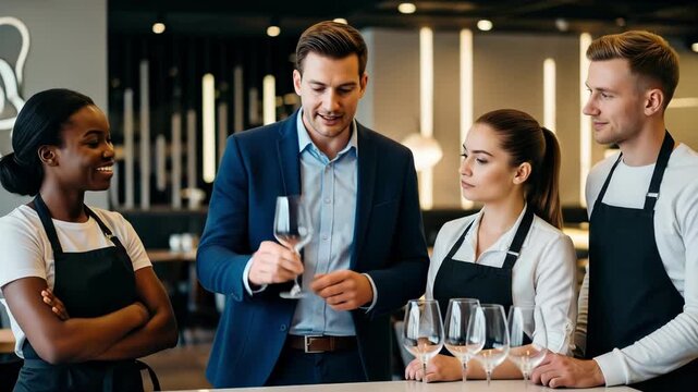 Manager instructing a group of diverse hospitality staff on proper wine glass etiquette and service techniques during a team training meeting.