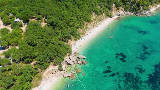 Campsite at Campig Skrila, Krk Island, Stara Baska Croatia, Aerial View of the Mountains and Coast With Boats, Beaches and Adriatic Sea. The Seaside Rv Campmobiles on a Summer Beautiful Coastline