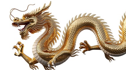 Obraz premium A majestic golden chinese dragon, isolated on white background, embodies power and ancient mythology