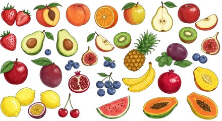 Collection of hand-drawn vibrant fruit illustrations.