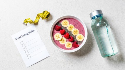 Healthy Smoothie Bowl with Fitness Guide and Water Bottle