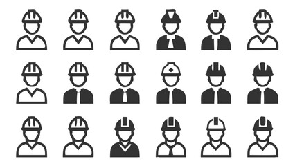 Diverse depictions of construction workers wearing hard hats showcasing a variety of uniform styles and designs for safety and professional representation