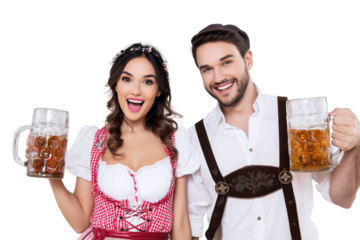 A girl and a boy are holding a glass of beer each isolated on transparent or white background, png