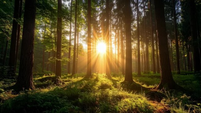 Sunlight bursting through a dense temperate forest with lush green fern undergrowth creating a peaceful and tranquil atmosphere.