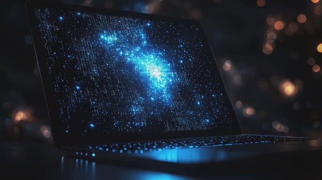 Celestial Screen: A laptop displays a vibrant and detailed cosmic scene, hinting at the vast universe within the digital realm, creating an aesthetic contrast between technology and the cosmos. 