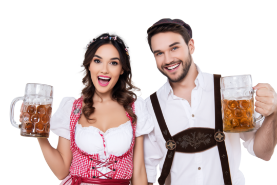 A girl and a boy are holding a glass of beer each isolated on transparent or white background, png