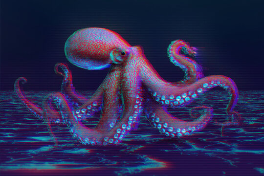 octopus with vivid blue and red anaglyph effect swimming in deep ocean, showcasing marine beauty and underwater life