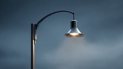 A sleek street lamp illuminating a dark, moody twilight setting.