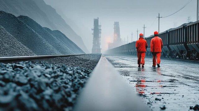 Workers in the Industrial Landscape: Two workers walk along the train track in an industrial landscape. capturing the industrialization and the people working in a low angle shot.