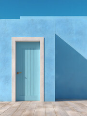 Minimalist style single wooden front door in varying shades of blue