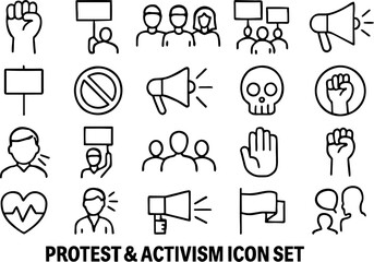 Protest and activism vector icon set featuring megaphones, raised fists, banners, crowds, peace signs, and placards. Perfect for social justice, rallies, and awareness design.

