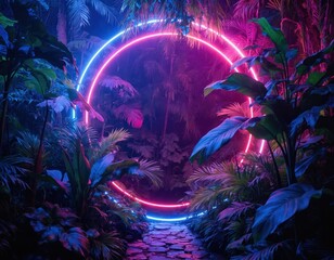 Vibrant neon circle illuminates jungle path with tropical foliage. Exotic plants, vibrant colors create mystical, futuristic ambiance. Perfect for digital art, travel themes, futuristic concepts.