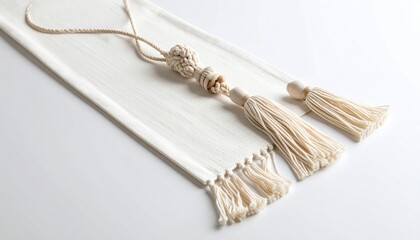 Elegant White Table Runner With Detailed Tassel Accents And Thread Detail On Clear Background