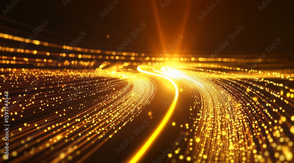 Wall mural glowing yellow light track with golden particle effects - abstract tech background for video walls a