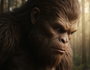 Sasquatch portrait, close-up of hairy ape-like creature in misty forest. Folklore legend, elusive cryptid bigfoot. Mysterious North American myth, wilderness sighting, creature intelligent gaze,
