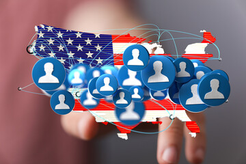 Digital map of USA showing interconnected social media users. Network, community, connection.