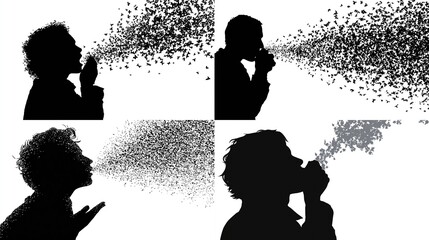 Four profile silhouettes of people coughing or sneezing, with particles dispersing outwards