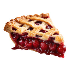A slice of cherry pie, showcasing a lattice-top crust and juicy filling