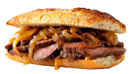 Steak and onion sandwich on white or transparent background