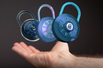Three combination locks hover above a hand, symbolizing digital security and data protection.