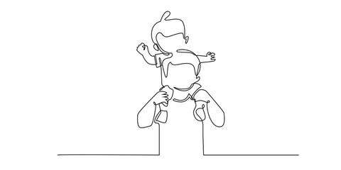 one continuous line of father carrying child on shoulder.holiday moment,happy father's day.line art vector illustration