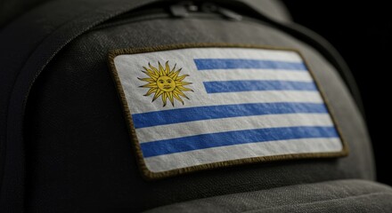 Uruguayan flag patch close-up, showcasing detailed embroidery and fabric texture