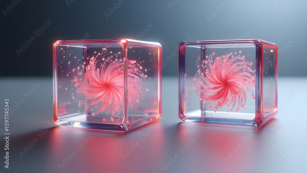 Fototapete abstract pink flower in clear cube glass box design rendering for desktop background