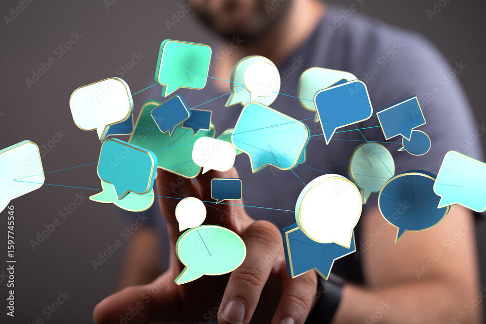 Poster abstract image of interconnected speech bubbles, representing global communication and networking.