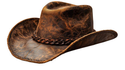 Braided band cowboy hat in natural leather tone perfect for ranch, western themes and costume design on transparent background