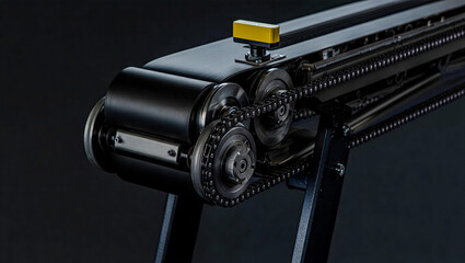 Segment of heavy-duty conveyor belt system featuring rollers, chain drives, and a control sensor, detailed with industrial precision and sharp clarity.