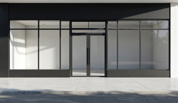 Modern storefront exterior with empty interior, featuring black sliding doors, large glass windows. Minimalistic white walls create clean showcase space, perfect for retail office branding mockups.